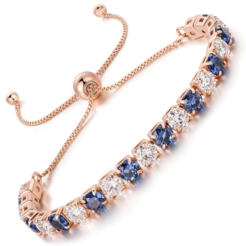 Lovans 14K Gold Plated Tennis Bracelets,White/Yellow/Rose Gold-plated Adjustable Cubic Zirconia Tennis Bracelet for Women - color: Rose Gold, size: 4MM Blue