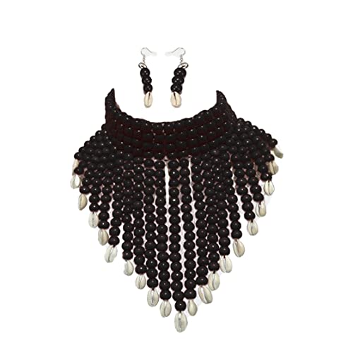 COLORFUL BLING Chunky Wooden Beaded Seed Bib Collar Necklace Boho Layered Africa Wood Shell Strand Choker Necklace Jewelry Set for Women - color: black