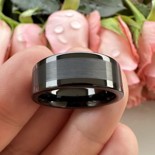 TUTISS 8mm Silver/Black/Gunmetal/Gold Tungsten Rings for Men Women Fashion Engagement Wedding Bands Matte Polished Pipe Cut Comfort Fit - color: 8mm Black Tungsten