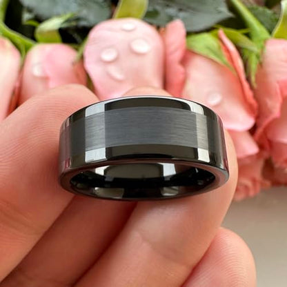 TUTISS 8mm Silver/Black/Gunmetal/Gold Tungsten Rings for Men Women Fashion Engagement Wedding Bands Matte Polished Pipe Cut Comfort Fit - color: 8mm Black Tungsten