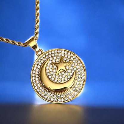 Crescent Moon & Star Pendant Necklace – Men & Women 14k Gold Finish, Iced Out Medallion, 925 Italy Stainless Steel, 2.5mm Rope Chain - size: 20" Necklace