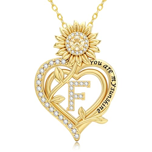 14K Gold Sunflower Initial Necklaces for Women | Heart Letter Pendant You Are My Sunshine Jewelry Gifts - style: F