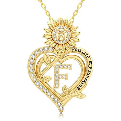 14K Gold Sunflower Initial Necklaces for Women | Heart Letter Pendant You Are My Sunshine Jewelry Gifts - style: F