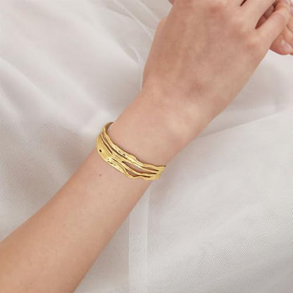 Chunky 14k Gold Cuff Bracelets for Women - Non Tarnish Teardrop Bangle Multi-layer Cross Wire Open Bracelets - color: Golden 16