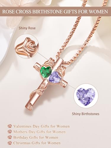 Rose Gold Cross Necklace with 2 Birthstones and Rose | Cross with Birthstone Necklace, Hypoallergenic, Adjustable Rolo Chain, Birthday Gifts, Catholic Christian Religious Jewelry - color: 05-06-May-Jun Birthstone