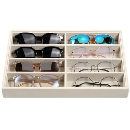 Emibele Sunglass Organizer Jewelry Tray, 8 Grids Velvet Glasses Watch Storage Stackable Tray, Eyeglasses Jewelry Showcase Display Organizer，Beige - style: B1- eight Grids-Beige