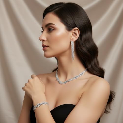 Silver Jewelry Sets for Women Rhinestone Necklace Dangle Earrings Bracelet Set Bridal Wedding Jewelry Sets for Brides Bridemaid Prom Costume Accessories Jewelry - style: Silver Jewelry Set style2