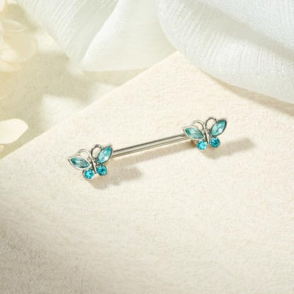 AceFun 5 Pairs 14G Nipple Rings Stainless Steel Heart Butterfly Bow Opal Flower CZ Stud Barbell Set Cute Nipplerings Shields Piercing Jewelry for Women Pink Blue Red Tone Body Jewelry - color: Blue