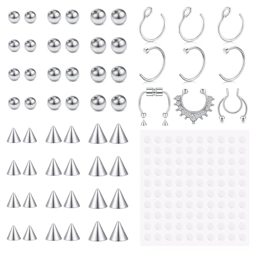 Fake Eyebrow Ring Fake Lip Labret Studs Replacement Balls Spike with 100pcs Sticker Non-Piercing Body Jewelry Fake Skin Piercing - color: A1 -Silver