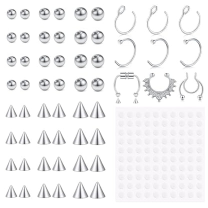 Fake Eyebrow Ring Fake Lip Labret Studs Replacement Balls Spike with 100pcs Sticker Non-Piercing Body Jewelry Fake Skin Piercing - color: A1 -Silver