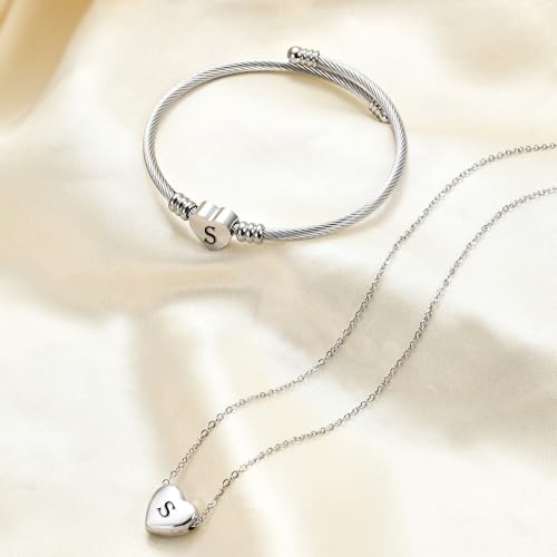 MYNENEY Necklace and Bracelet for Women Stainless Steel Initial Jewelry Set - color: Silver-S