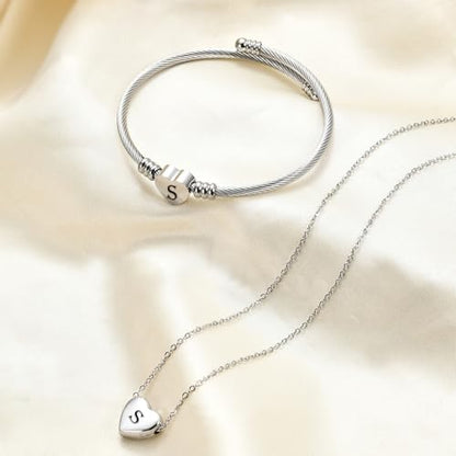 MYNENEY Necklace and Bracelet for Women Stainless Steel Initial Jewelry Set - color: Silver-S