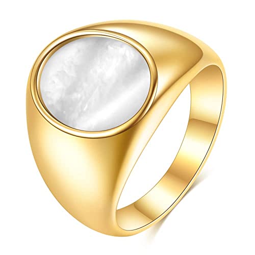 MYNENEY Stainless Steel Round Shape Classical Simple Plain Wedding Engagement Statement Pinky Band Signet Rings for Men Women Size 4-15 - color: Gold+White