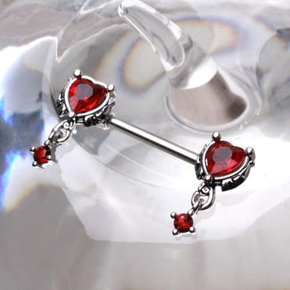 Pierced Owl 14GA 316L Stainless Steel Gothic Red CZ Crystal Heart with Dangling Gems Nipple Barbells, Sold as a Pair