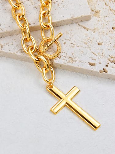 Chunky Gold Cross Necklace for Women Layered Necklace Retro Big Gold Cross Pendant Necklace Statement Chunky Chain Choker Necklaces Thick OT Buckle Chain Long Necklace Jewelry - style: Style1-gold
