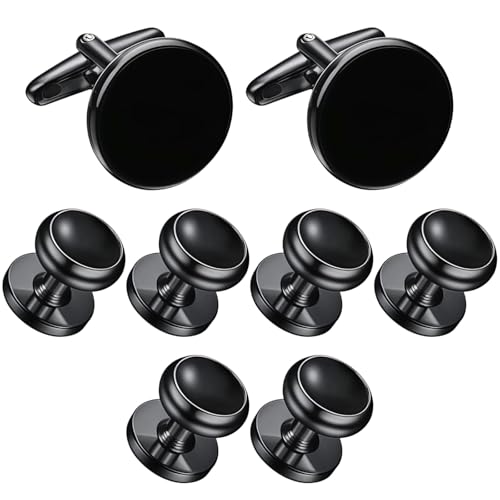 8 Pcs Cufflinks and Studs Set for Men, Black Round Tuxedo Set, Smooth Finish, Quality Copper, Elegant Modern Design for Formal Occasions