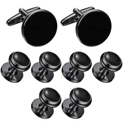 8 Pcs Cufflinks and Studs Set for Men, Black Round Tuxedo Set, Smooth Finish, Quality Copper, Elegant Modern Design for Formal Occasions