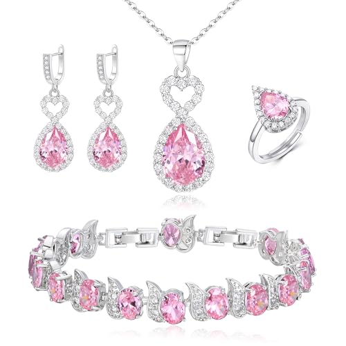 Wedding Jewelry Set for Women Bride Bridesmaid | Gorgeous Cubic Zirconia Teardrop Necklace Earrings Bracelet Adjustable Ring Jewelry Gift for Birthday/Anniversary - color: Heart-Pink