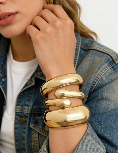 Chunky Gold Bangle Bracelets for Women, Dainty 14k Gold Plated Big Stackable Bangles Set, Trendy Statement Cuff Bracelet Stack Fashion Jewelry Gifts - style: 3 Big chunky bangles