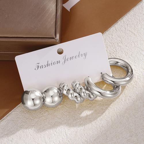 IFKM 24 Pairs Gold Hoop Earrings Set for Women Hypoallergenic Chunky Chain Twisted Open Hoops Dangle Earring Packs for Birthday Party Christmas Fashion Jewelry Gift - color: 9 Pairs Silver