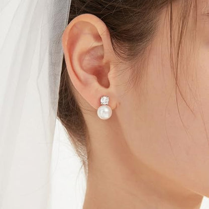 WFYOU Pearl Earrings for Women 925 Sterling Silver Stud Earring | 14K Gold Plated Hypoallergenic Stud Earrings, White Diamond Dainty Bridal Earring, Trendy Jewelry, Wedding Party Gifts - color: Silver B, size: 10mm
