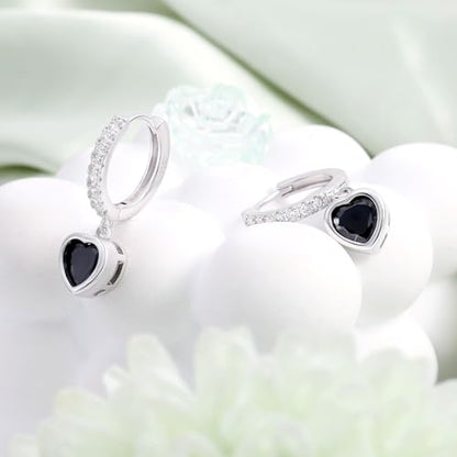 Heart Hoop Earrings with Dangle Sterling Silver Love Heart-Shaped Loop Earrings for Women Hypoallergenic Sparkle Birthstone Cubic Zirconia Hoop Earring with Dangling Charms Dainty Fashion Jewelry Gift - color: Black