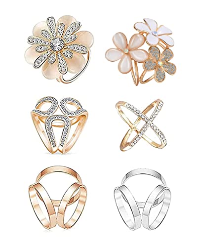 6pcs Women's Flower Faux Pearl Crystal Rhinestone Scarf Ring Buckle Clip
