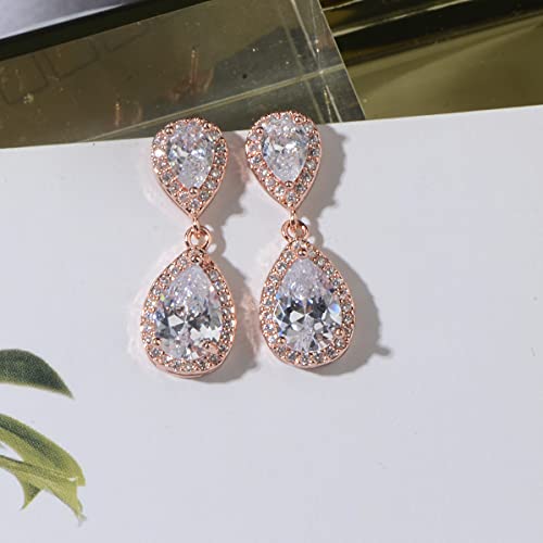 Pave Teardrop Earrings for Wedding Sterling Silver Double Pear Shaped CZ Cubic Zirconia Crystal Rhinestone Birthstone Dangle Earrings Bridal Jewelry for Bride Bridesmaids - color: Rose Gold