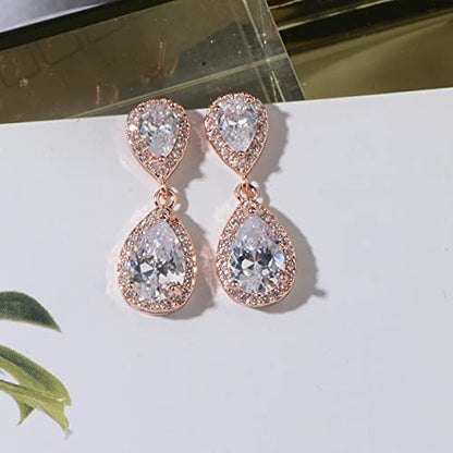 Pave Teardrop Earrings for Wedding Sterling Silver Double Pear Shaped CZ Cubic Zirconia Crystal Rhinestone Birthstone Dangle Earrings Bridal Jewelry for Bride Bridesmaids - color: Rose Gold