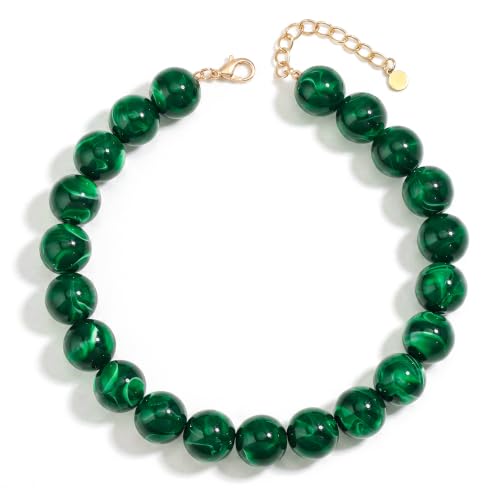 Chunky Beaded Necklace for Women Trendy Boho Collar Statement Necklace Large Round Resin Beads Choker Necklaces Summer Beach Jewelry Gifts - color: Dark Green