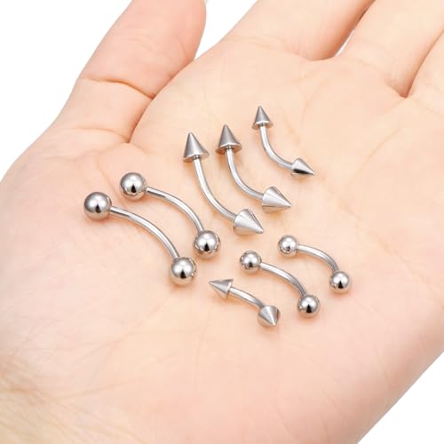 14G Snake Eyes Piercing Jewelry Tongue Curved Barbell Surgical Steel Belly Button Ring Eyebrow Piercing Jewelry Vertical Labret Lip Jewelry for Women Men Bar Length 8mm 10mm 12mm 14mm - color: 8pcs,14g,ball+spike,silvertone