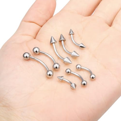 14G Snake Eyes Piercing Jewelry Tongue Curved Barbell Surgical Steel Belly Button Ring Eyebrow Piercing Jewelry Vertical Labret Lip Jewelry for Women Men Bar Length 8mm 10mm 12mm 14mm - color: 8pcs,14g,ball+spike,silvertone