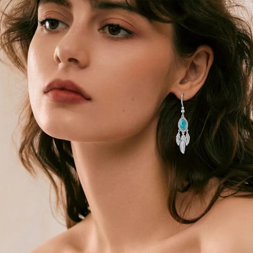 AVECON Turquoise Dangle Earrings for Women, Sterling Silver Feather Jewelry | Genuine Western Marquise Boho Pierced, Native American Jewelry with Hook and Leaf, for Cowgirl & Cowboy - color: Teal Turquoise