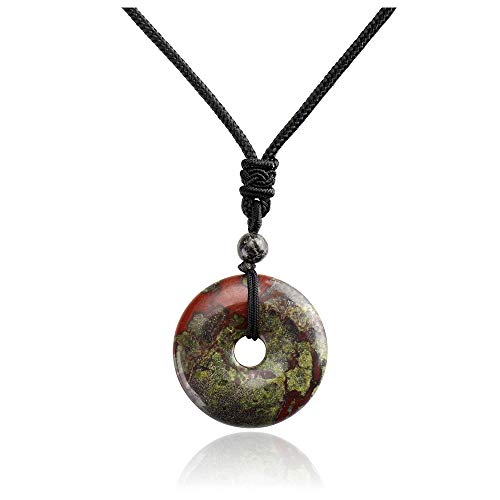 Jovivi 30mm Circle Donut Healing Crystals Necklace Natural Semi-Precious Chakra Gemstone Stone Amulet Lucky Coin Donuts Charm Protection Quartz Reiki Pendant Necklace for Men Women Adjustable Rope - color: Dragon Blood