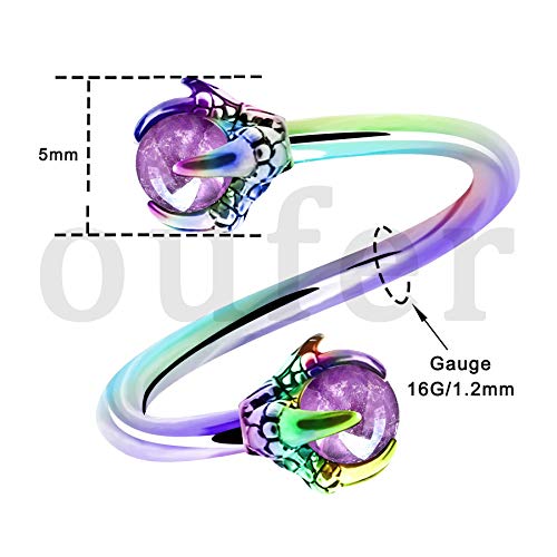 OUFER Twist Helix Earring 316L Stainless Steel Dragon Claw with Opalite Center 16G Twist Lip Labret Cartilage Upper Lobe Piercing Jewelry - color: Rainbow Amethyst