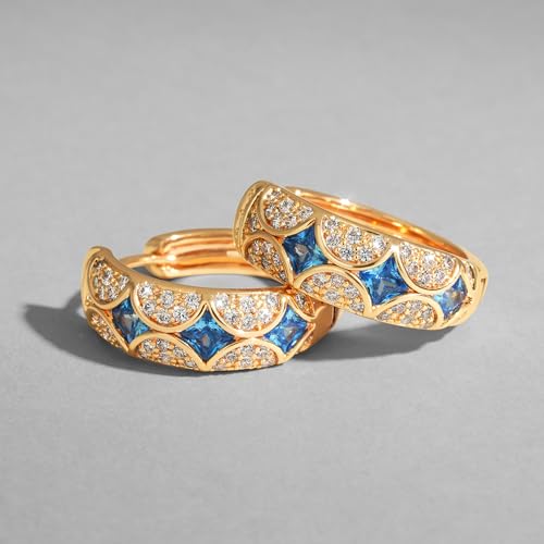 Dremmy Studios Dainty CZ Huggie Hoop Earrings 14K Gold Plated Chunky Simple Cute Thick Round Frill Bead Ball Starburst Cuff Earrings Cubic Zirconia Hoop Earrings Minimalist Personalized Gift for Her - color: Blue & White Hoops