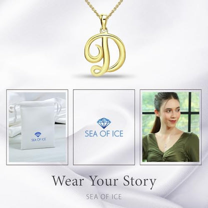 SEA OF ICE Letter Initial Necklace, Alphabet Letter Pendant Necklace, Sterling Silver, Gold, Rose Gold Necklace for Women, Elegant Initial Necklaces, Personalized Custom Women's Necklaces - color: Yellow Gold - D