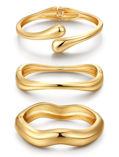 8YEARS Chunky Gold Bangle Bracelets for Women, 14k Gold Plated | Cuff Bangles, Stack Bracelet Set, Wide Trendy Fashion, Jewelry Gifts - color: E-Gold-3PCS