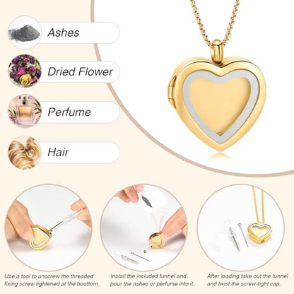 Oinsi Cremation Locket Necklace For Ashes Of Loved One Carry Photo Glass Memorial Urn Jewelry 316L Stainless Steel Keepsake Gifts - color: B-Gold