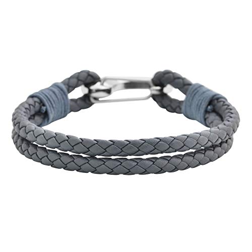 Edforce Braided Genuine Leather 2-Strand Cuff Bracelet with Stainless Steel Clasp - color: Grey