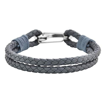 Edforce Braided Genuine Leather 2-Strand Cuff Bracelet with Stainless Steel Clasp - color: Grey