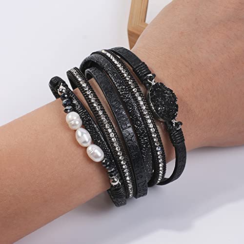 Artilady Leather Wrap Bracelet for Women, Pearl Beaded Bangle Stack Jewelry | Easy on-off, Elegant Handmade Multi-Layered, Daily Casual Date Beach Vacation, Gift for Ladies, Mother, Sister & Friend - style: So She Did, Black
