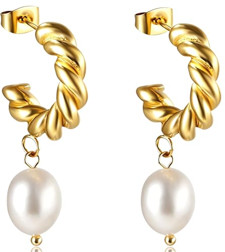 Pearl Earrings VeroSteel Dangle Earrings for Women, Dainty 14k Gold Huggie Hoop Earrings with Pearls, Trendy Pearl Drop Earrings, Stainless Steel Hypoallergenic Stud Earrings For Sensitive Ears - style: Half-Circle Braid