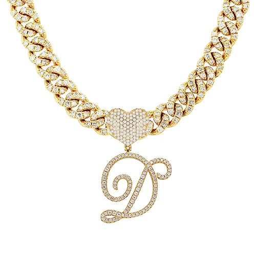 Initial Necklaces Silver Cuban Link Chain for Women Iced Out Chain with Heart Letter Pendants Custom Chain Name Necklace Hip Hop Jewelry Gift - color: D Gold