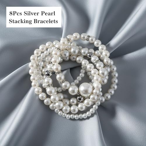 8pcs Faux Pearl Bracelets for Women, Stackable Stretchy Bridal Jewelry Set, Elastic Layered Bracelets for Wedding Bridesmaid Party Prom Christmas - color: silver