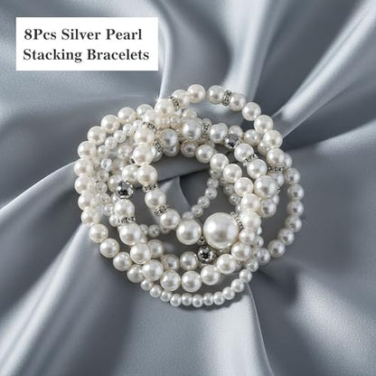 8pcs Faux Pearl Bracelets for Women, Stackable Stretchy Bridal Jewelry Set, Elastic Layered Bracelets for Wedding Bridesmaid Party Prom Christmas - color: silver