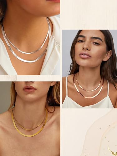 ChainsHouse Flat Snake Chain Herringbone Choker Necklace for Women, Stainless Steel/Rose Gold/18K Gold Plated Dainty Adjustable Simple Short Layered Necklaces, 12"/15"/18" with 3.5" Extender - color: b. layered-3mm+5mm-rose gold