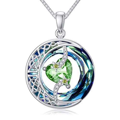TOUPOP Birthstone Necklace Women Sterling Silver Moon Star Birthday Jewelry | Celtic Moon Pendant with Blue Crystal Anniversary Christmas Jewelry Gifts for Wife Mom Her - color: A-08-Peridot