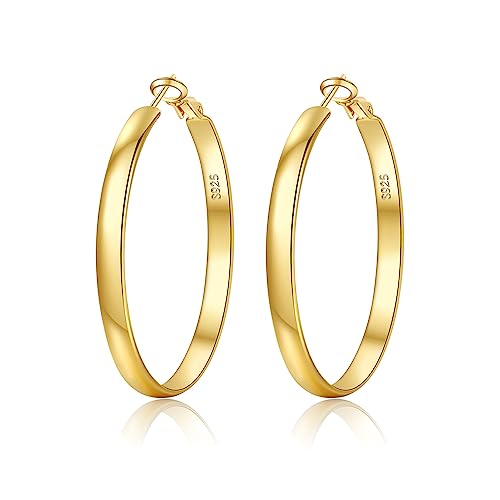 EXGOX 5mm Wide Gold Hoop Earrings for Women,Sterling Silver Hoop Earrings Large Silver Hoop Earrings Hypoallergenic Lightweight 14K Real Gold Plated Big Hoop Earrings for Women 30/40/50/60/70mm - color: Gold Color/40MM