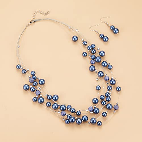 FULU AUTUMN Layered Pearl Necklace Multi-strand Pearl Choker Necklaces for Women Beaded jewelry for Wedding Parties - color: 37-Blue
